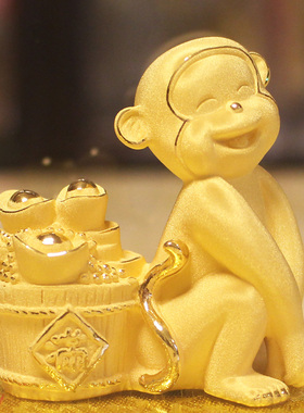 生肖绒沙金猴如意摆件猴年贺岁工艺品聚宝盆家居装饰品办公室摆设