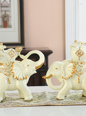 招财大象摆件一对新中式家居饰品客厅玄关电视柜博古架.摆设工艺