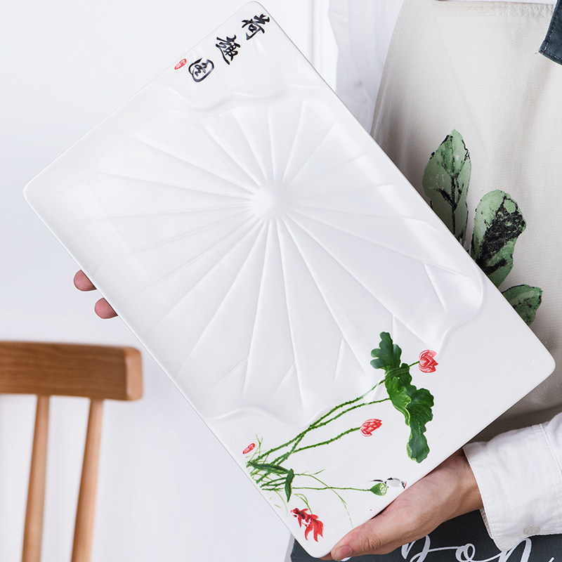 特色餐厅碟子陶瓷西餐盘子凉菜盘创意酒店N餐具家用长方形荷花盘