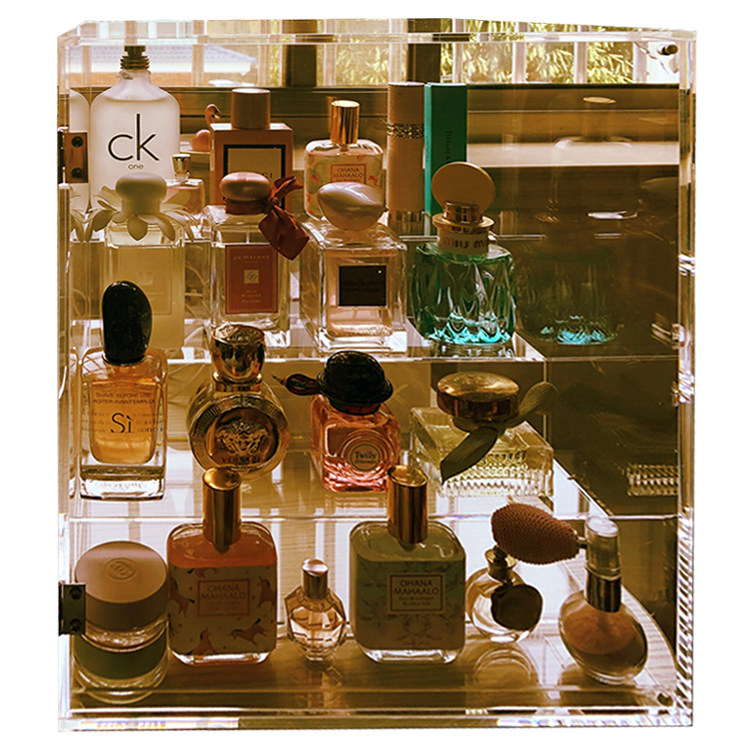 大号阶梯形有门香水架防尘香水亚克力护肤品透明桌面免胶收纳盒