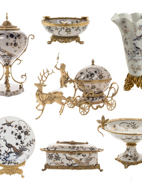 美式法式欧式陶瓷配铜摆设品客厅壁炉玄关果盘花瓶纸巾盒送礼摆件