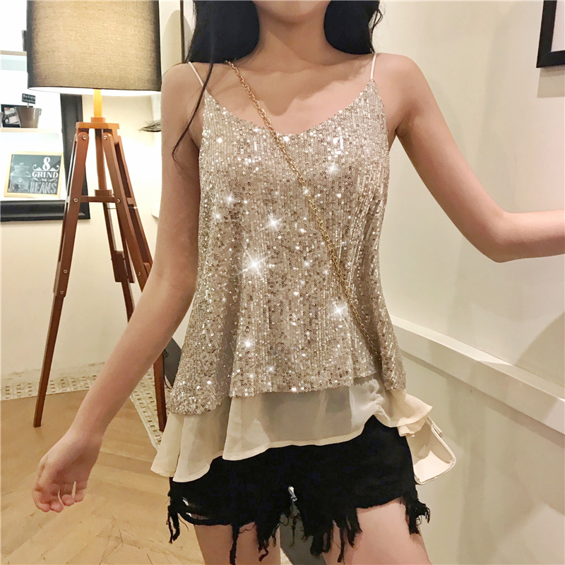 大码V领亮片吊带背心女夏胖m外穿宽松遮肚L内搭性感打底衫无袖上