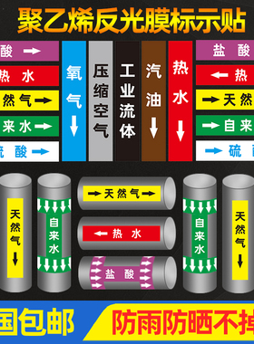 管道标识贴纸流向箭头化工介质流向工业管道箭头色环标签自来水进