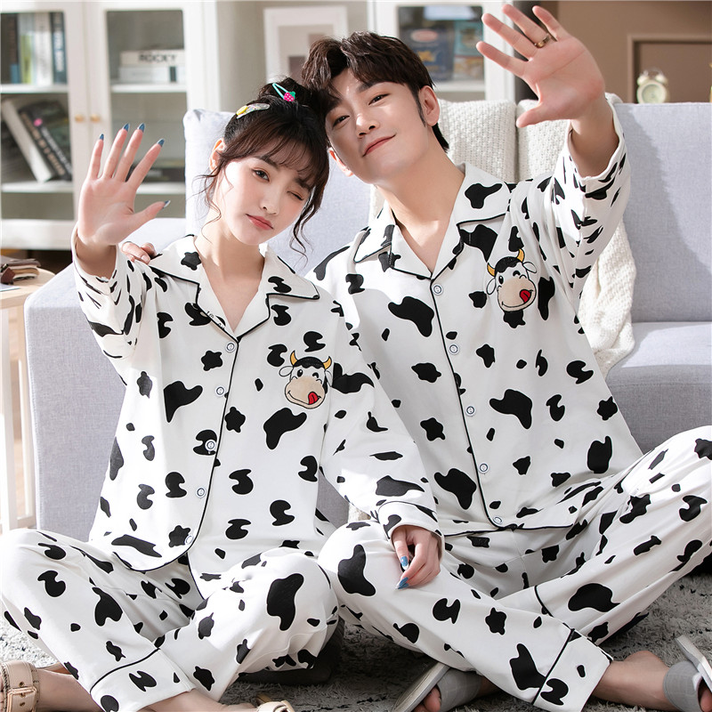 2套价 奶牛情侣睡衣长袖纯棉春秋款卡通大码男女202U1年家居服套