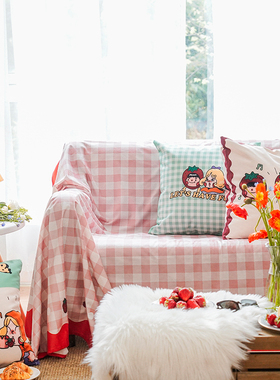 复古美式格子绒布沙发巾双人沙发垫沙发抱枕靠背垫枕套沙发罩全盖