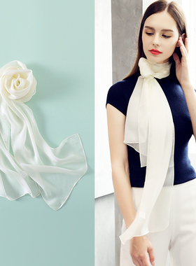 丝巾女春秋2021新款爆款小长条C白色真丝围巾窄纱巾秋冬款洋气时