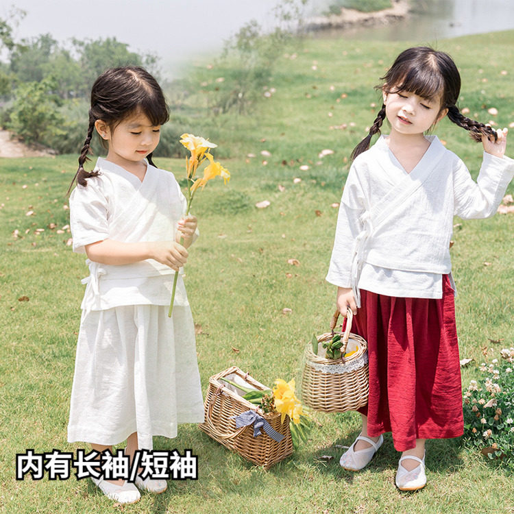 夏季汉服短袖复古装女童春秋套装宝宝儿童中国风纯棉禅服茶道唐装