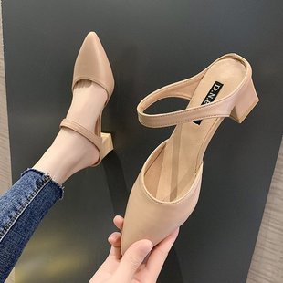 尖头粗跟中跟百搭浅口女士外穿女鞋 时尚 新款 2021夏季 子 包头凉拖鞋