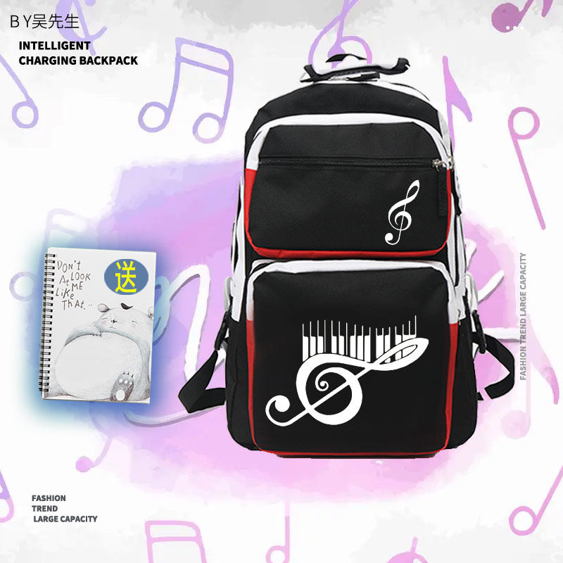 黑白钢琴键图案时尚音乐符男女青少年学生双肩背包大容量书包休闲