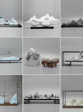 现代新中式假山摆件招财玄关办A公室居家工艺品样板房室内软装饰