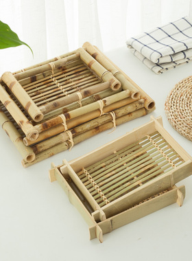 苏里手工编织竹青竹托盘竹编制品长方形竹条家用餐厅水果零食竹盘