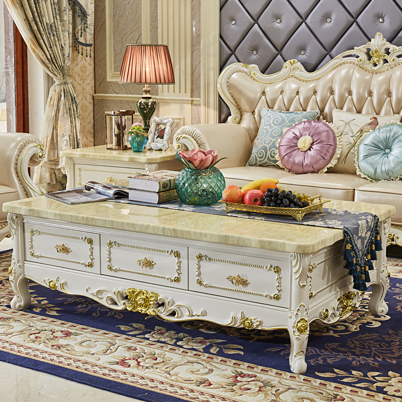 欧式茶几电视柜组合客厅美式家用小户型储物柜实木雕花大理石茶桌