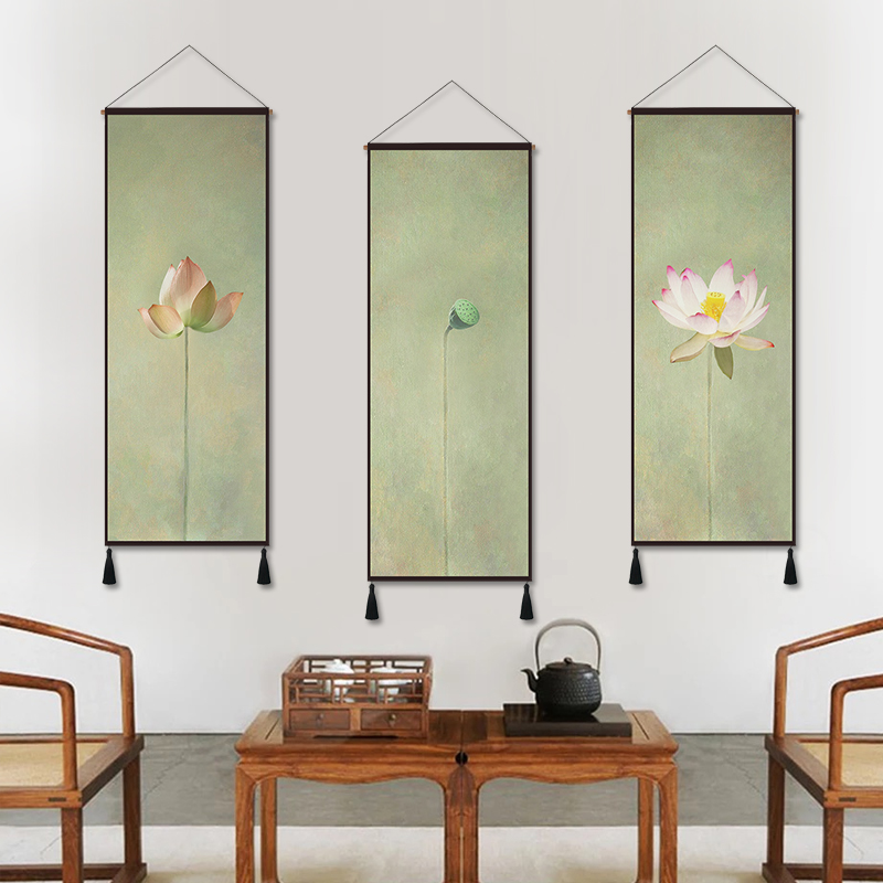 中式客厅装饰画荷花挂毯中国风沙发装饰挂布背景墙布艺壁毯装饰布图片