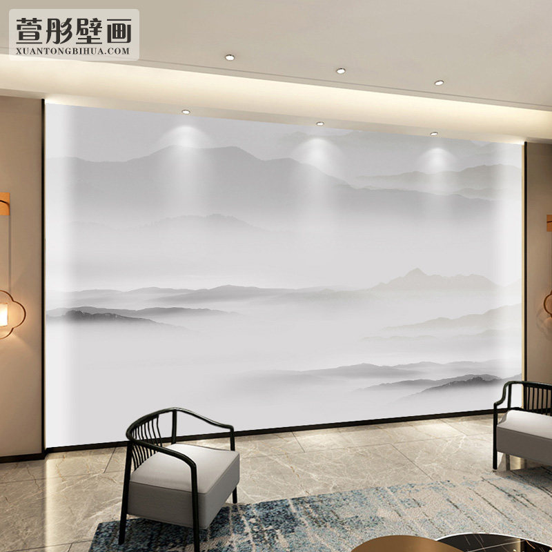 新中式水墨山水画墙纸办公室会议室背景墙布大气淡雅壁纸无缝壁画