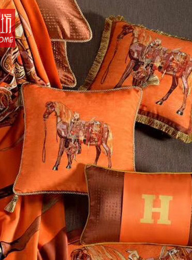 优选高端欧式轻奢H橙色双面印花沙发靠垫敦煌马丽丝绒样板间装饰