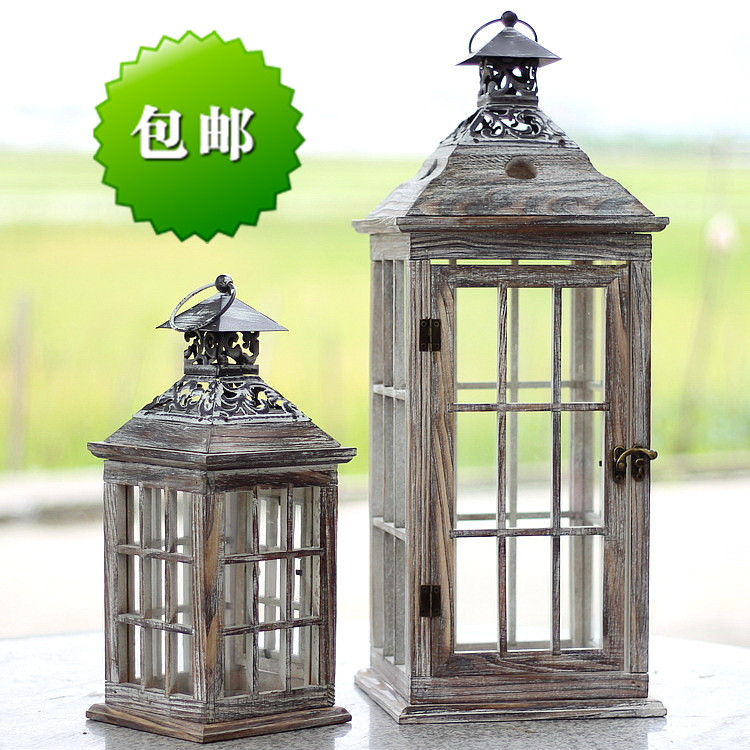 包邮 欧式做旧烛台铁艺马灯木质防风灯玻璃落地灯笼 婚礼路引道具