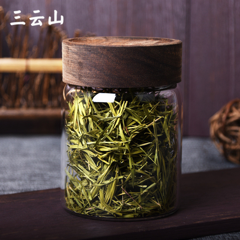 绿茶玻璃b罐茶叶罐木盖大容量收纳盒便携式小罐收纳罐密封罐包装图片