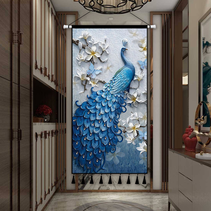 布艺挂画中式挂毯入户电表箱遮挡挂布客厅玄关装饰画超大布画孔雀图片