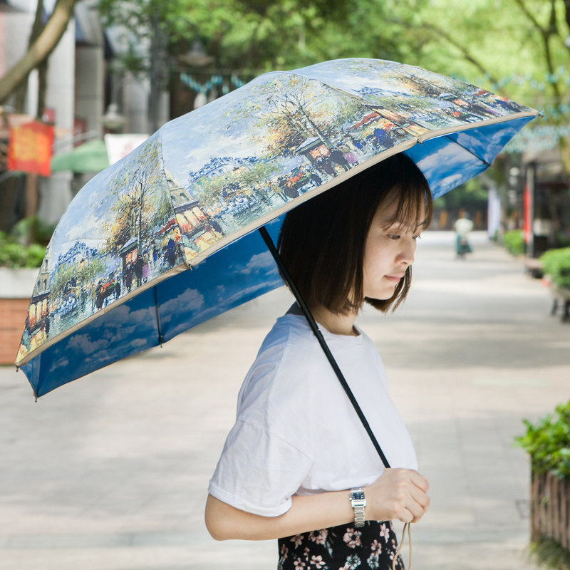 欧美蓝天白云复古雨伞双层折叠韩国油画遮阳伞太阳伞