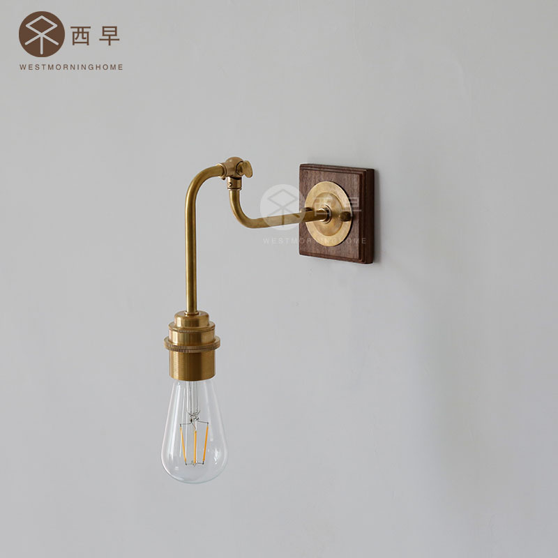 西早 日式复古极简床头胡桃木黄铜壁灯 艺术民宿氛围壁灯照画灯