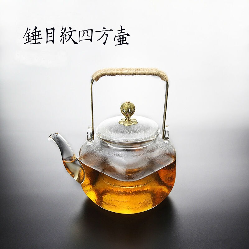 方形茶壶日式耐热锤纹玻璃泡茶壶内胆过滤煮茶壶花茶壶功夫茶具