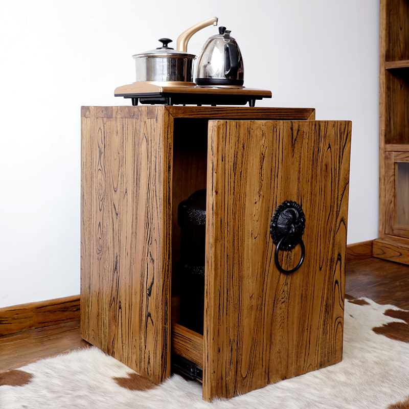 实木茶水柜中式藏纯净水桶烧水台简约老榆木小餐边柜单门收纳柜子