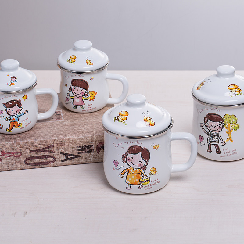 加厚搪瓷儿童杯一家四口刷牙杯 盖茶缸 牛奶杯 咖啡杯 亲杯