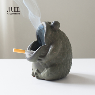 简约家用客厅大号陶瓷中式 烟灰缸带盖创意个性 复古定制家居烟缸