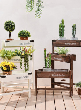 田园做旧花架客厅室内多层木质阳台落地式阶梯多功能植物花架摆件