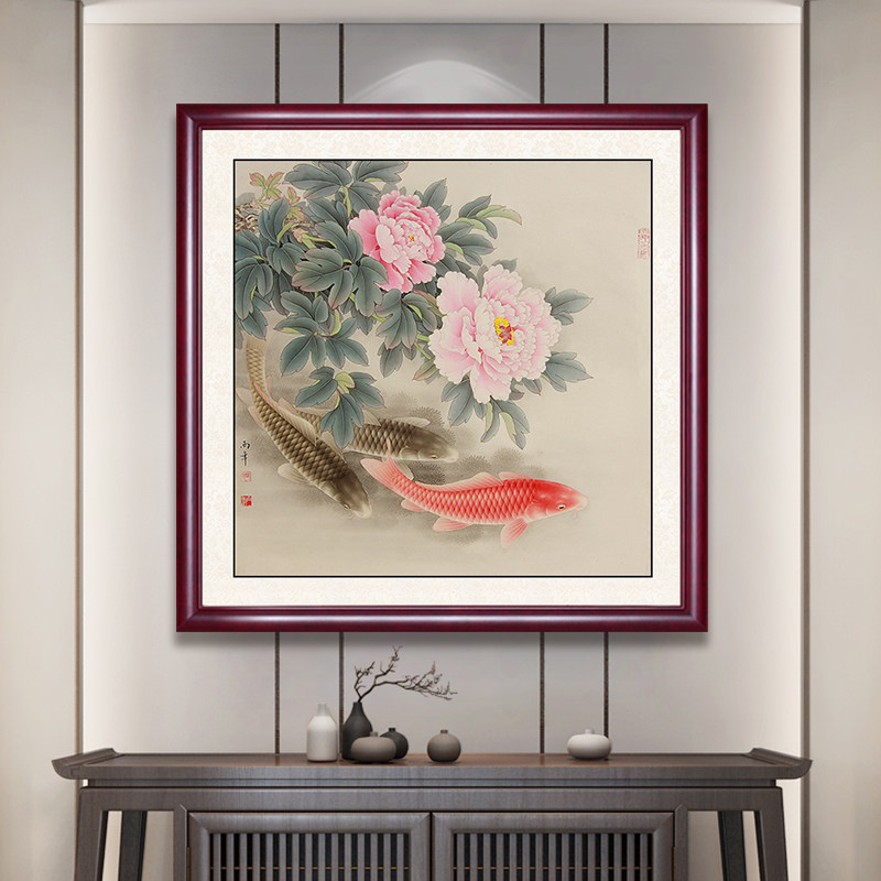 荷花鲤鱼图玄关画餐厅挂画牡丹花走廊玄关国画招财
