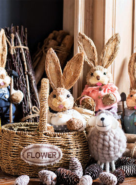 JK慕空间复古可爱草编兔子穿衣服节日居家装饰情侣兔花园阳台摆件