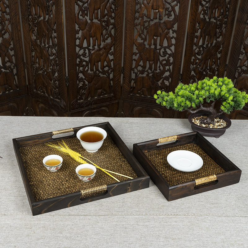 泰国实木托盘茶盘商用餐盘上菜端盘子竹编木质泰式餐具托盘