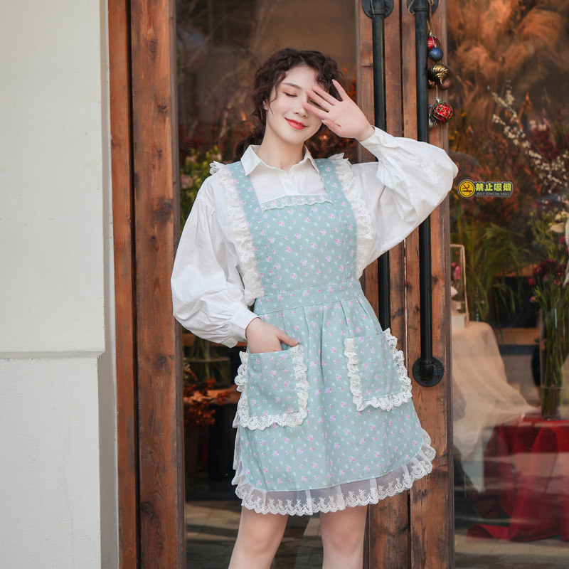 围裙厨房油工作服女夏薄款蕾丝做饭罩衣韩版小碎花围腰