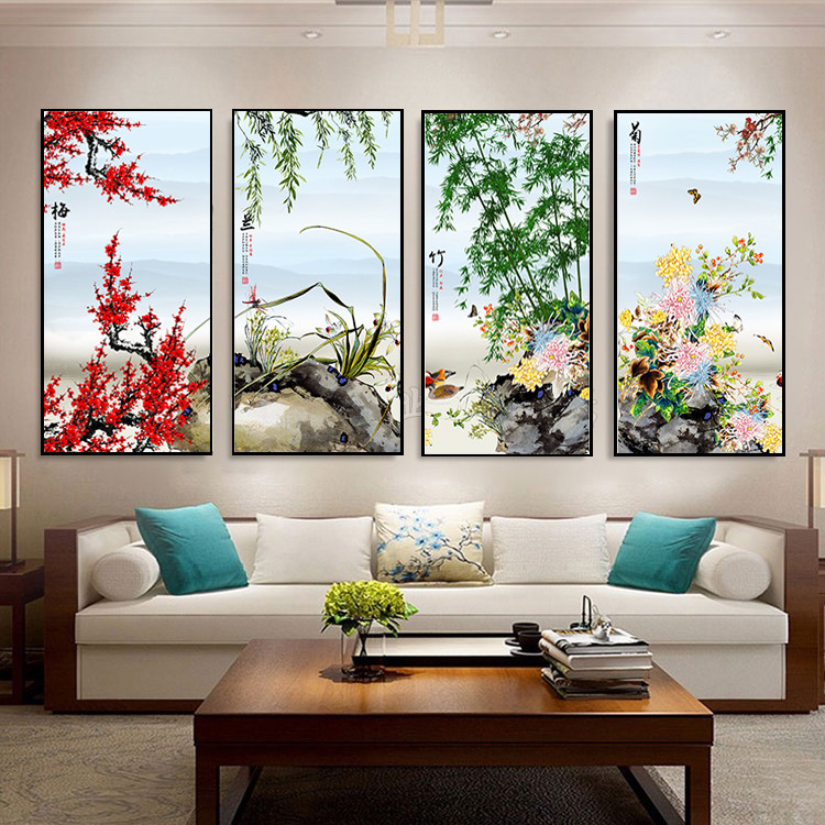 梅兰竹菊画四联背景墙挂画现代中式墙画简约书房壁画