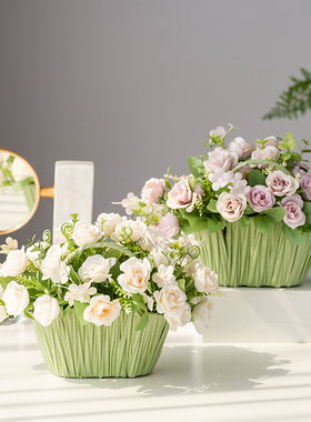 塑料花假花装饰品客厅仿真花家居创意摆设手提草编柳编小花篮