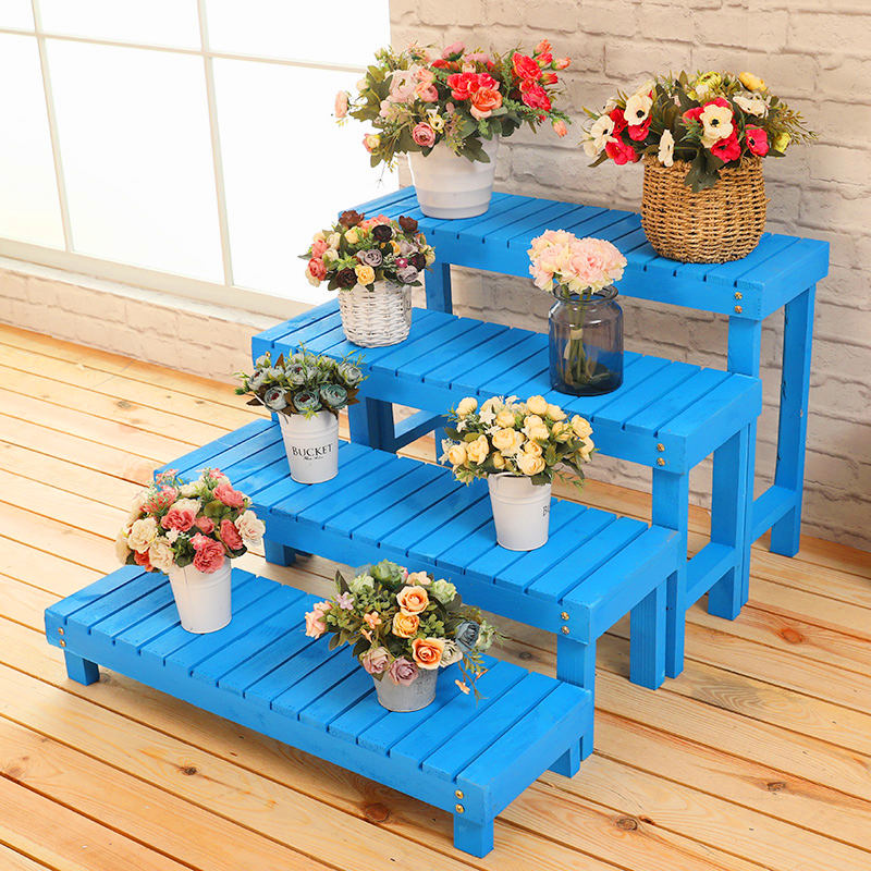 防腐木室外阶梯花架实木阳台多层木质花架子天蓝色多肉庭院花盆架