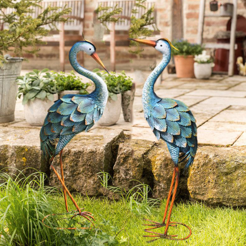 岛拉蓝色铁艺仙鹤铁质水鸟庭院摆件 花园别墅草地景观阳台装饰品