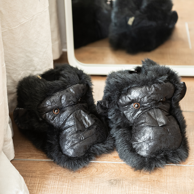 日本进口PUEBCO个性黑猩猩家居软底拖鞋冬季室内毛毛保暖棉鞋包跟