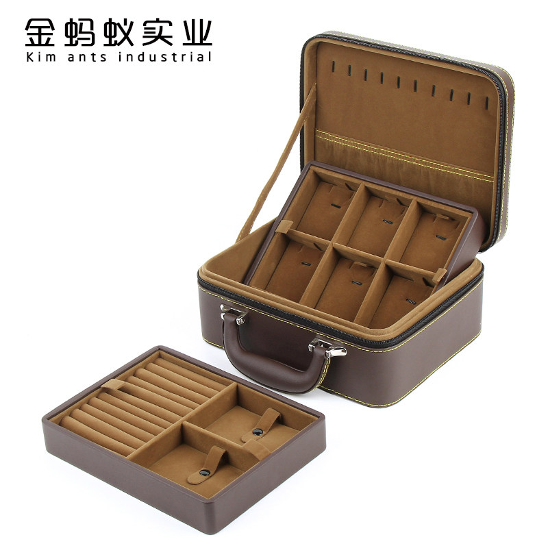 高档皮质多功能旅行便携专业珠宝首饰箱双层可分离首饰盒收纳盒子