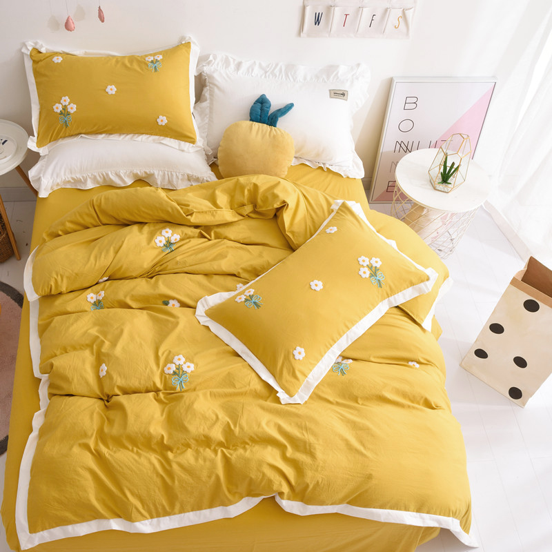 ins网红纯色水洗棉四件套公主风绣花被套小清新1.8床单毛巾绣床品