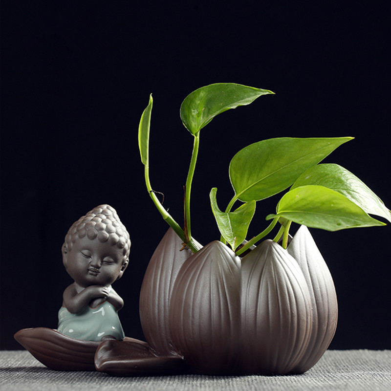 创意小和尚花器家居装饰品摆件茶桌绿萝花插花瓶陶瓷水培花盆容器