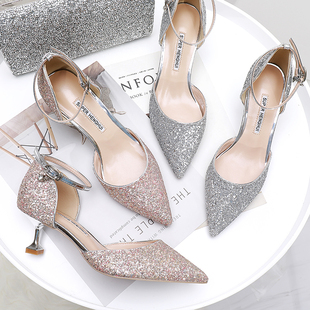 中空一字扣带宴会新娘鞋 婚鞋 尖头细跟女单鞋 亮片高跟鞋 女2020新款