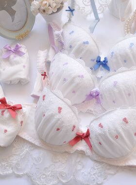 包邮三色小清新白色日系内衣薄棉刺绣可爱少女文胸套装有大码