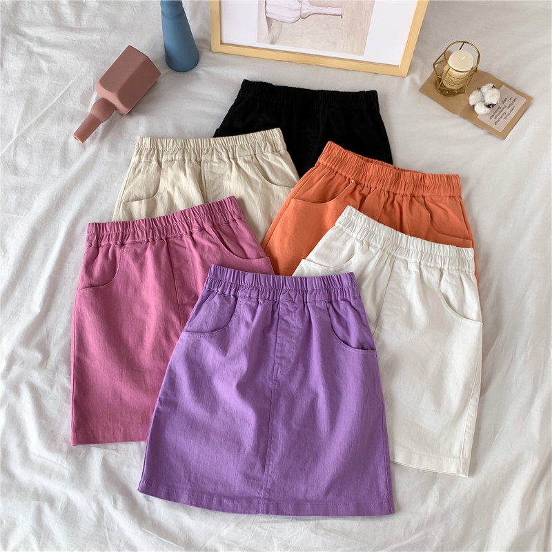 胖MM大码高腰i糖果色口袋半身裙夏2021韩版休闲松紧腰A字裙短裙女