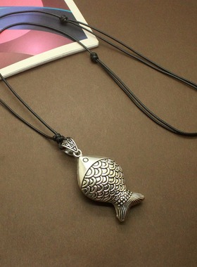 复古胖胖鱼长款项链百搭吊坠挂饰女民族风毛衣P链文艺气质挂件挂