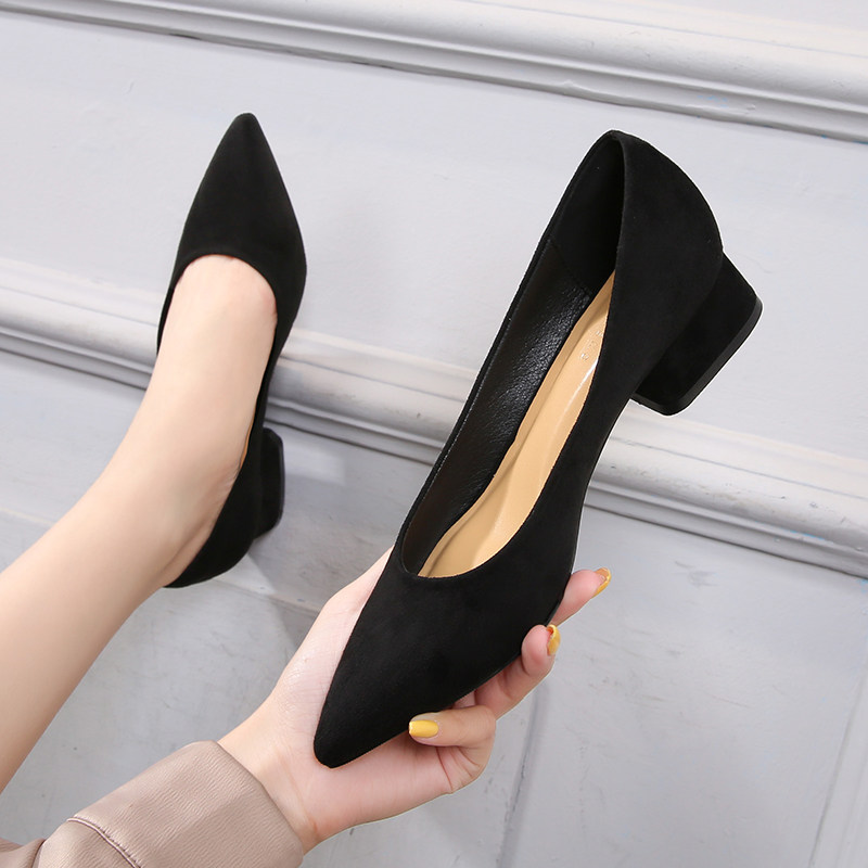 高跟鞋女5cm黑色粗跟职业工w作鞋尖头中跟单鞋3cm工装女鞋上班鞋