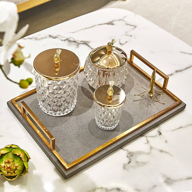美式简约欧式珍珠皮革铜框收纳托盘 客厅茶几样板房杯具收纳装饰,家居饰品,装饰摆件,淘宝优惠券,粉丝福利购,淘宝优惠卷