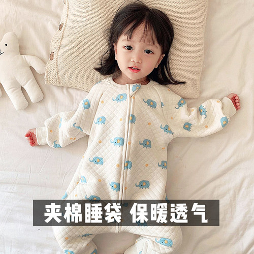 儿童夹棉分腿睡袋保暖纯棉男童女宝宝连体睡衣薄棉防踢被加厚秋冬