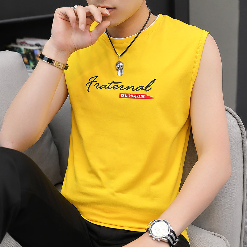 夏天无袖T恤男韩版青少年薄款圆领背心I个性潮牌坎肩运动上衣服T