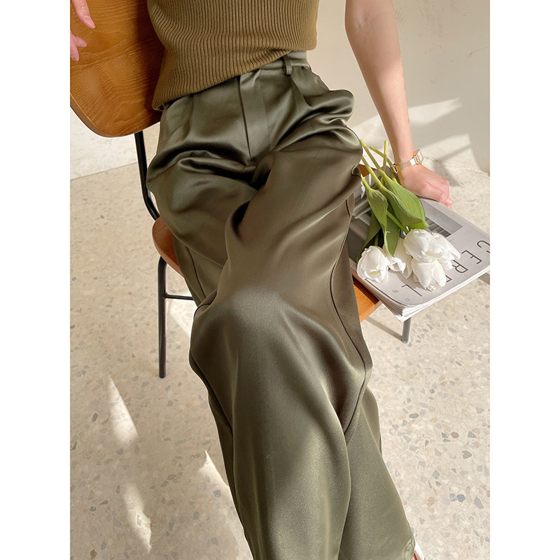 军绿色垂感缎面阔腿裤女夏薄款2021年新款仿醋酸高腰冰丝绸缎裤子,女装/女士精品,休闲裤,淘宝优惠券,粉丝福利购,淘宝优惠卷